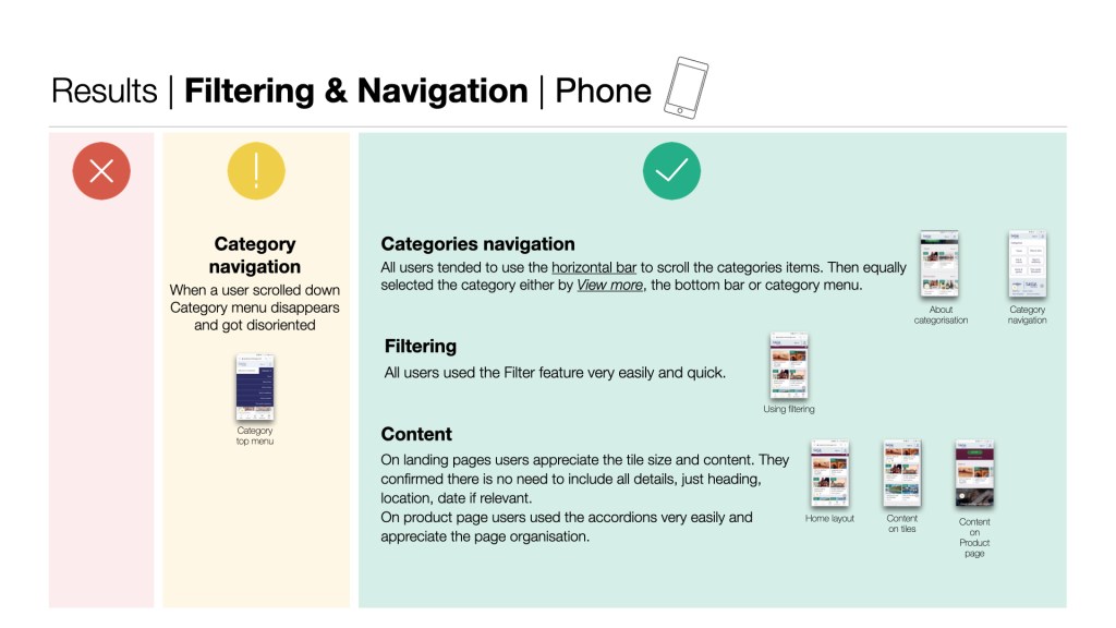 The test has been run on large, medium and small screen | Filtering & Navigation Smartphone Results